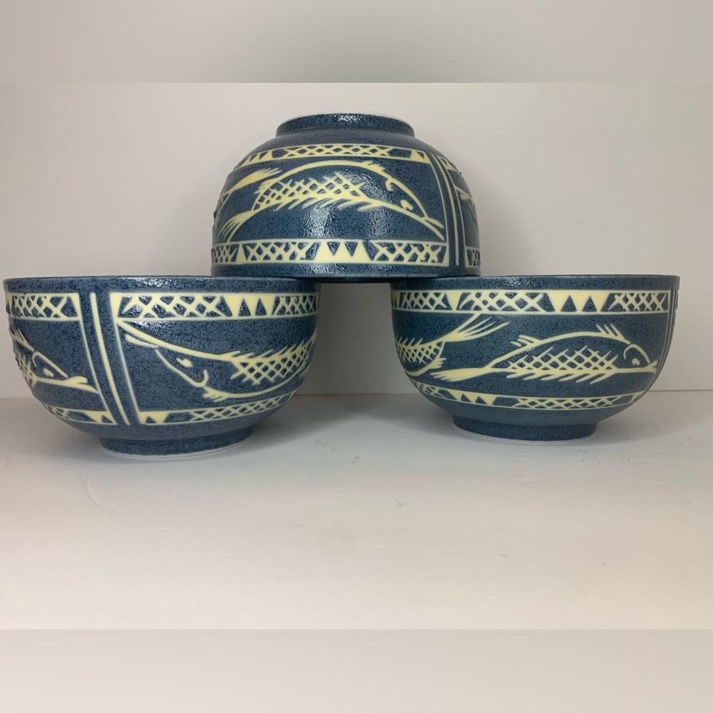 3 Stoneware‎ Blue Glaze Koi Fish Pottery Bowls Japan Stickers New